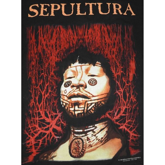 Vintage 1996 Sepultura Roots Metal Band Brazil Blue Grape T-Shirt Size Large - Picture 3 of 8
